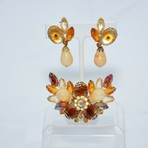 Vintage circa 1940's clip on earing set with matching pin